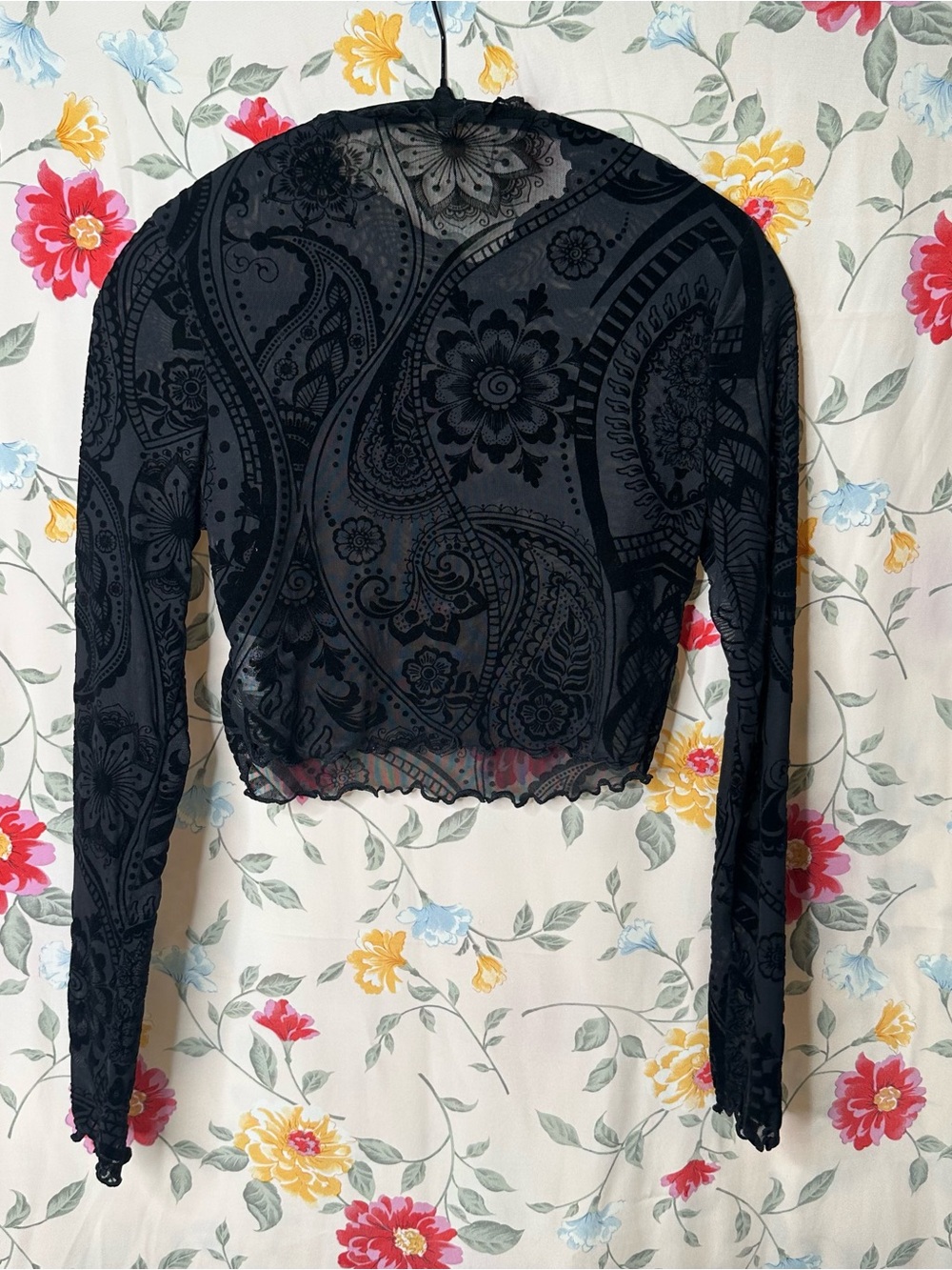SHEIN | Black Floral Sheer Long-Sleeve Crop Top